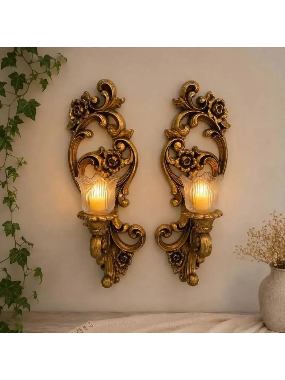 Pair Vintage HOMCO 4118 Gold Wall Candle Sconces Syroco Style w Glass Cups
